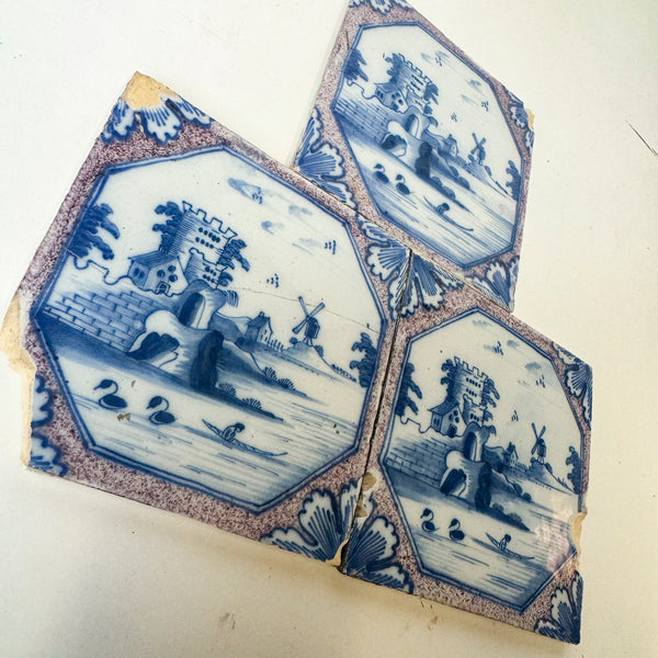 Delft Tiles, Pair of Purple Manganese 2024 Tiles, Sailboats, Hand Painted Dutch Vintage Tiles