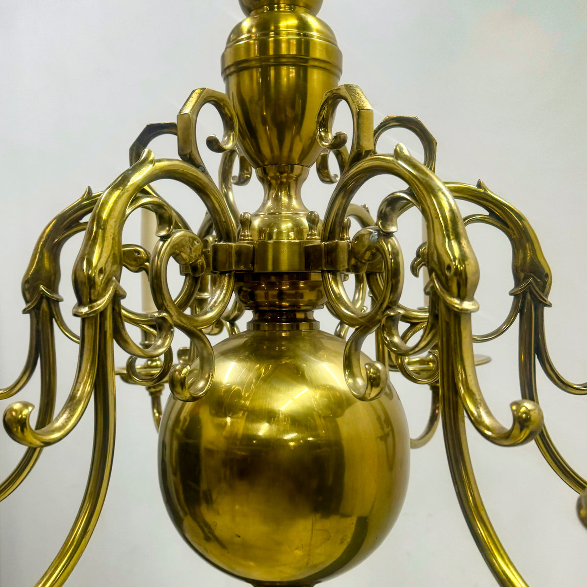 Antique Dutch Flemish Brass Chandelier with Dolphin and Flamingo Arms | 6 Arms