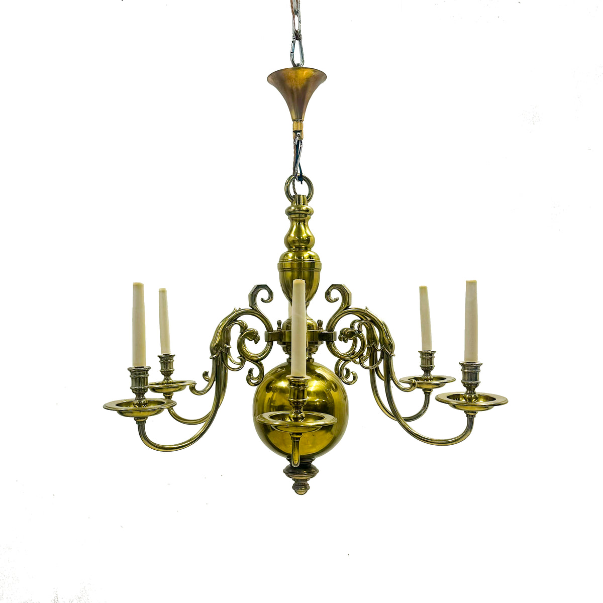 Antique Dutch Flemish Brass Chandelier with Dolphin and Flamingo Arms | 6 Arms