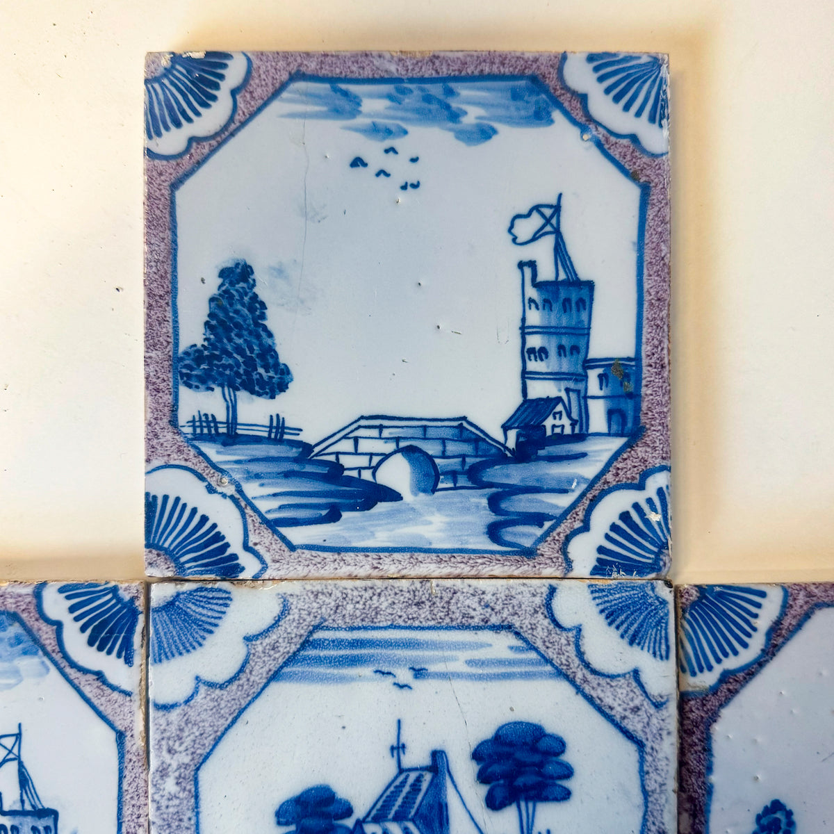 Set of 7 Antique 18th Century Manganese Dutch Delft Tiles | The Architectural Forum