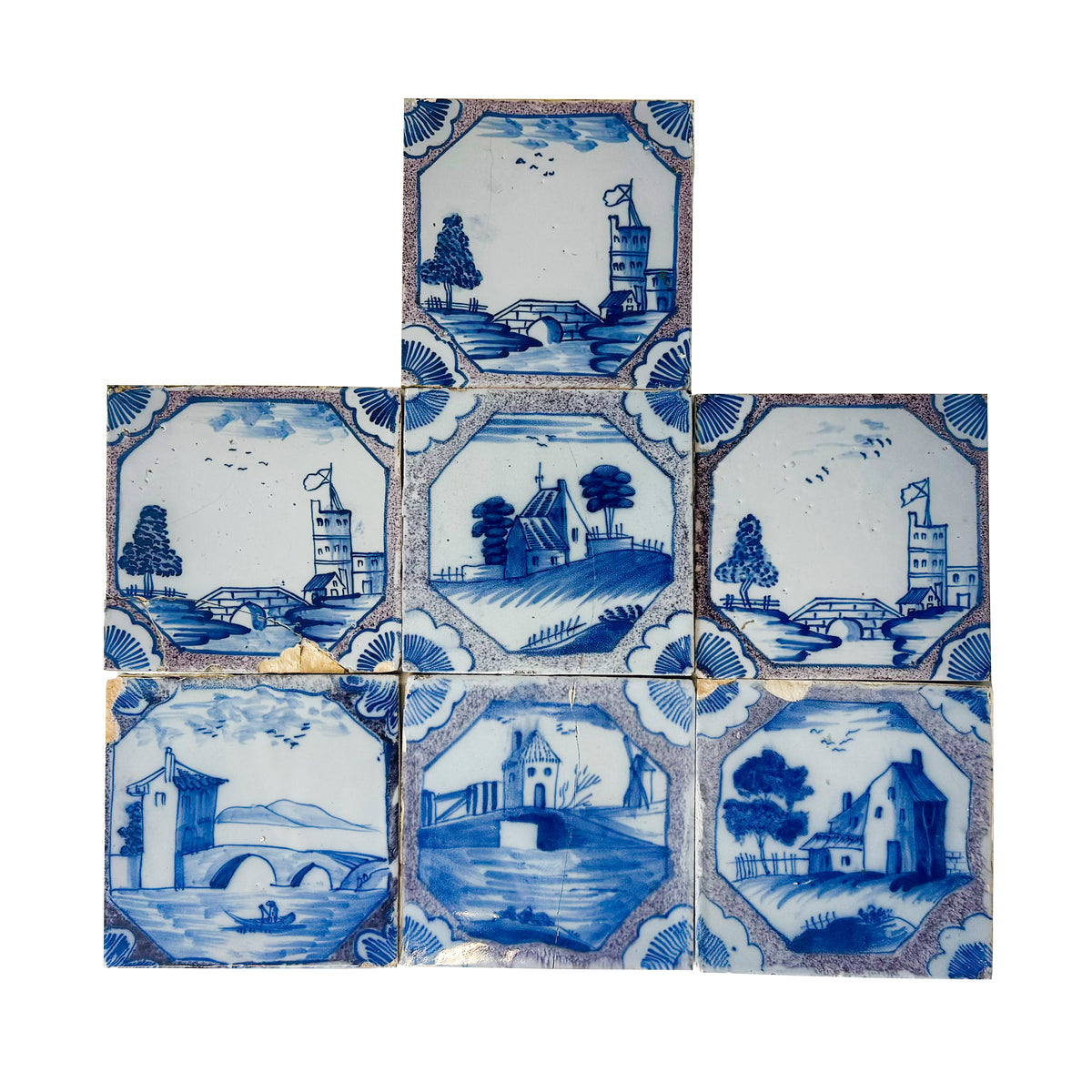 Set of 7 Antique 18th Century Manganese Dutch Delft Tiles | The Architectural Forum