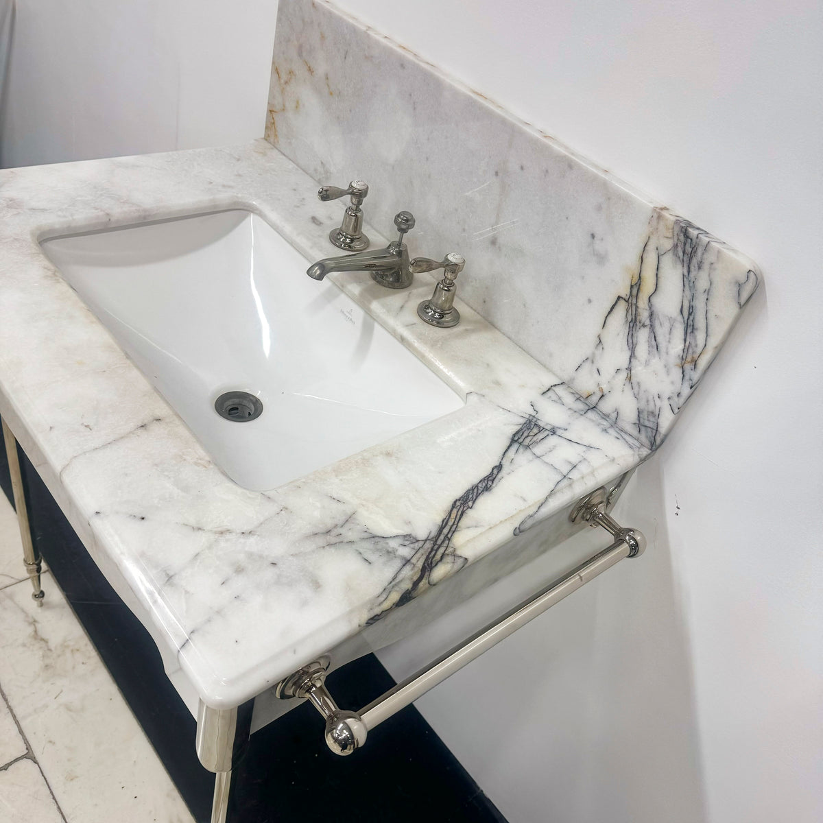 Reproduction French 1920&#39;s Single Marble Basin on Chrome Legs | The Architectural Forum