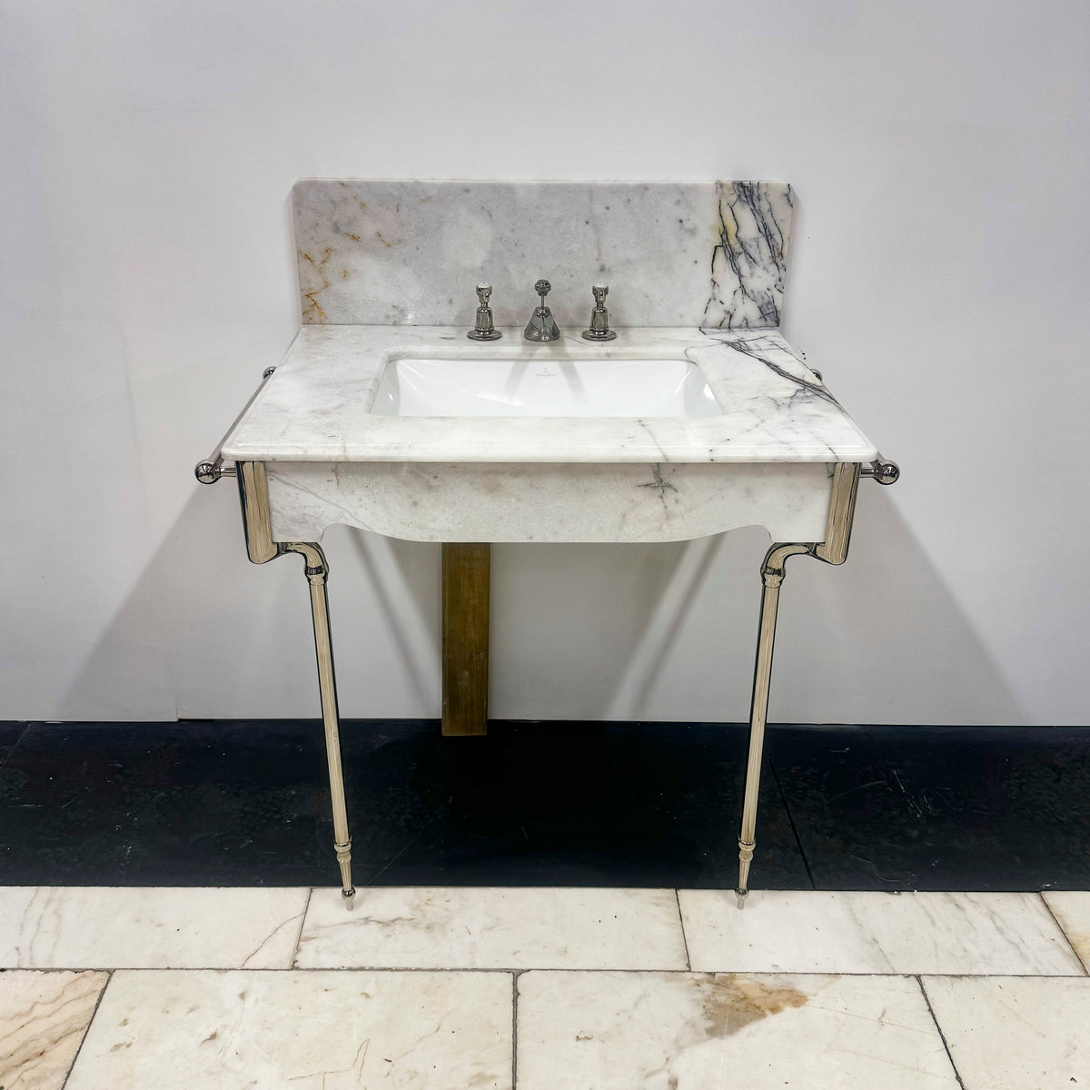 Reproduction French 1920&#39;s Single Marble Basin on Chrome Legs | The Architectural Forum