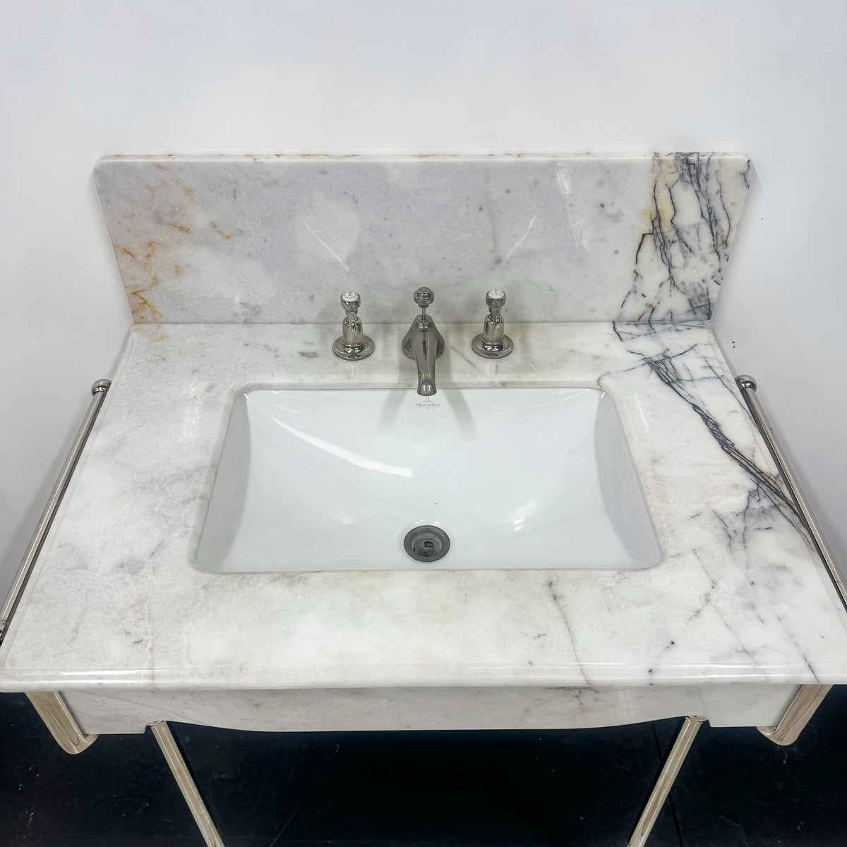 Reproduction French 1920&#39;s Single Marble Basin on Chrome Legs | The Architectural Forum