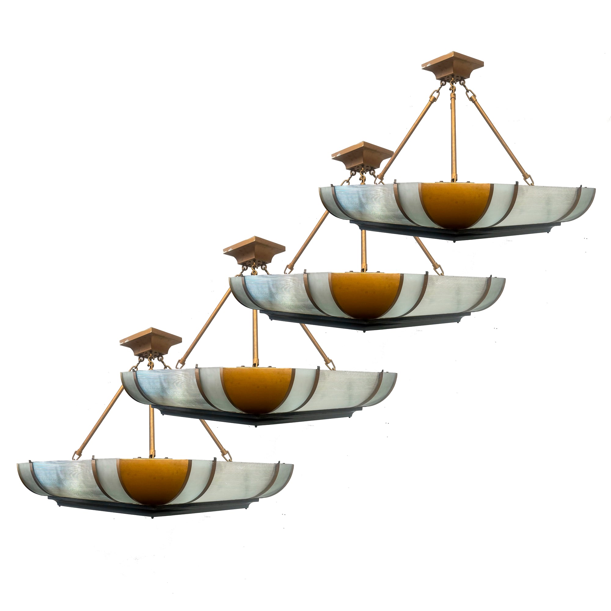 Grand Antique Art Deco Opal Glass & Brass Pendant Light | 4 Available | The Architectural Forum