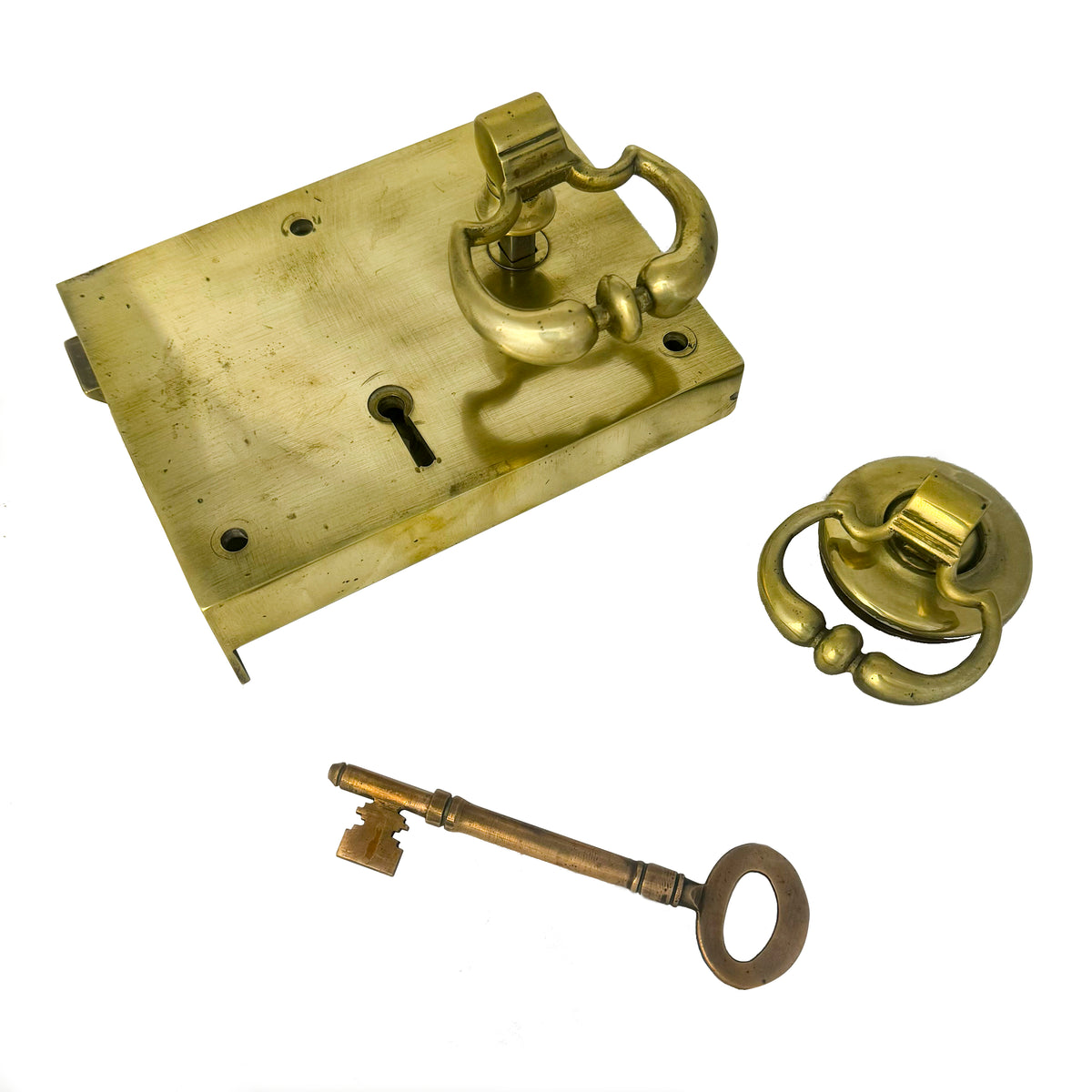 Antique Brass Rim Lock with Dutch Drop Handles and Key | The Architectural Forum