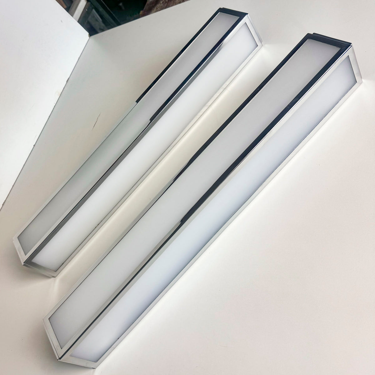 Pair of Reclaimed Art Deco Style Chrome Vanity Lights | 61cm x 8cm | The Architectural Forum