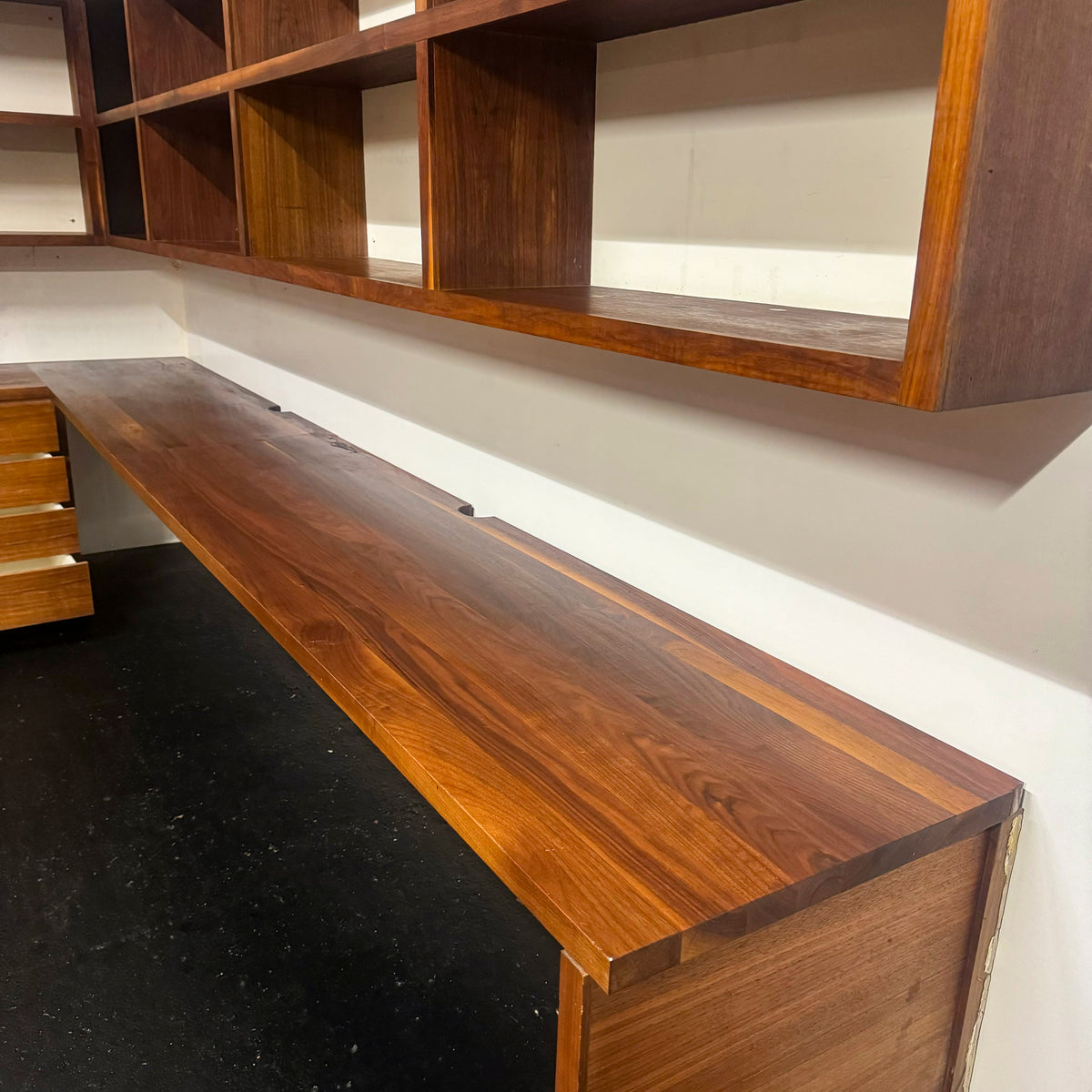 Reclaimed L-Shaped Teak Shelving and Working Desk Unit With Drawers | The Architectural Forum