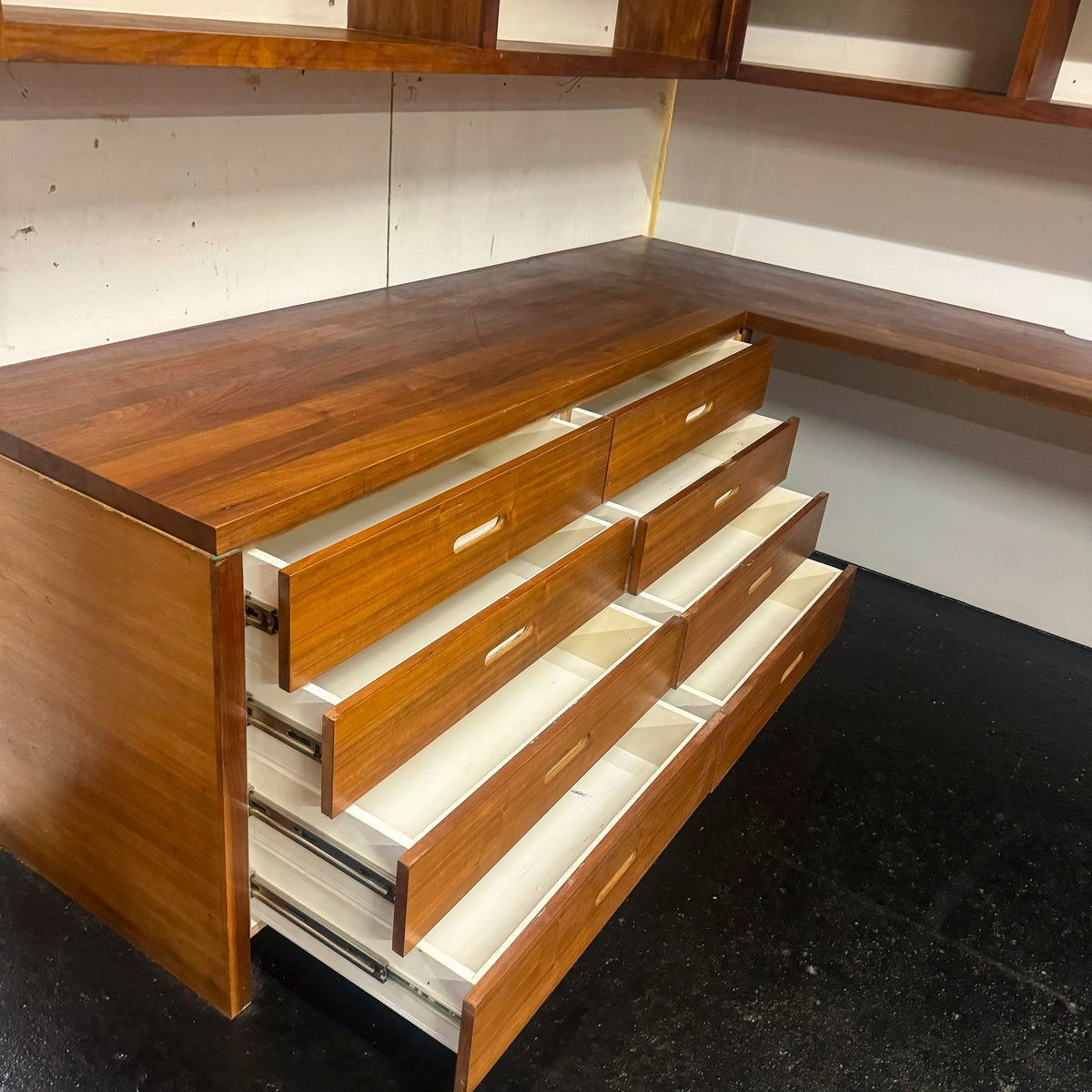 Reclaimed L-Shaped Teak Shelving and Working Desk Unit With Drawers | The Architectural Forum