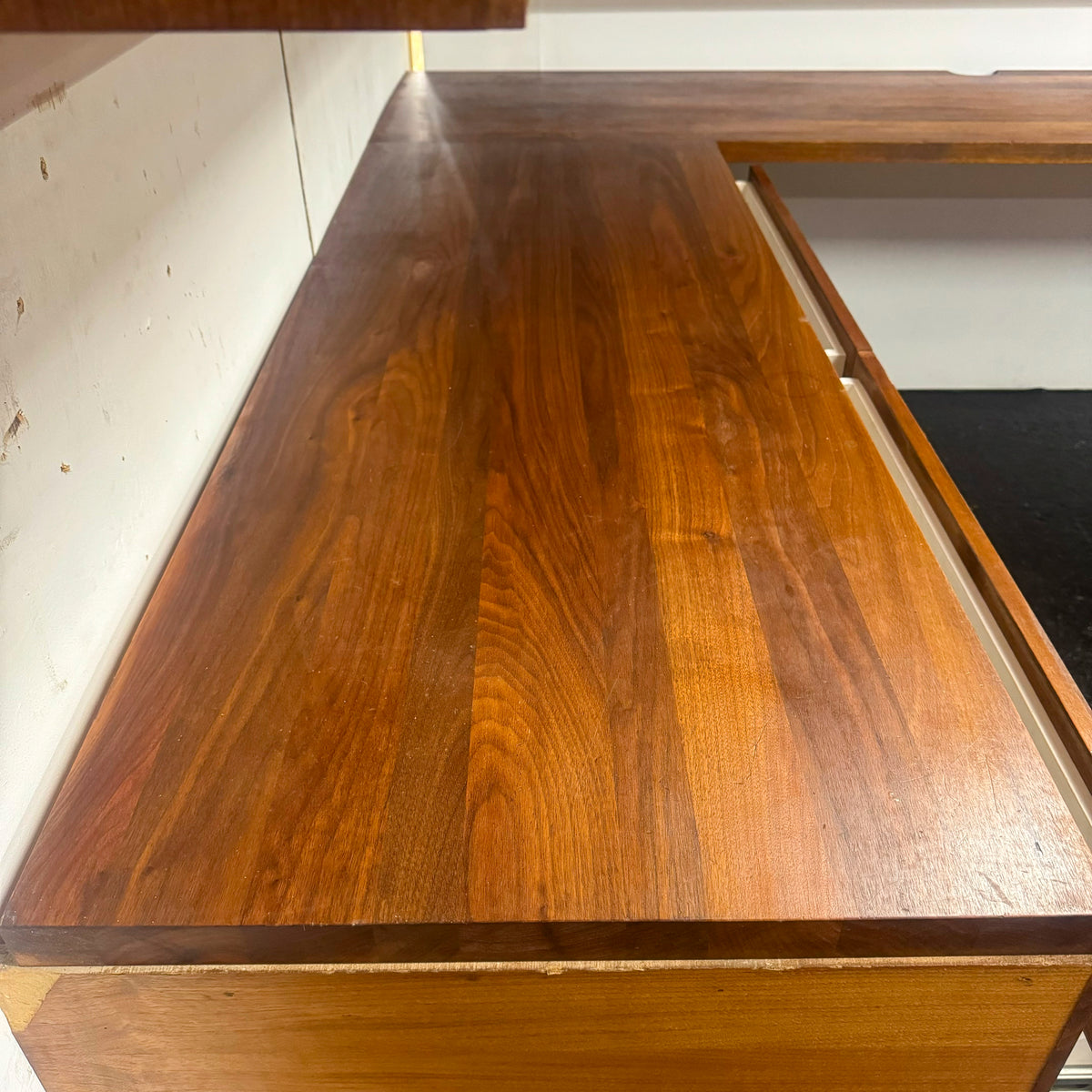 Reclaimed L-Shaped Teak Shelving and Working Desk Unit With Drawers | The Architectural Forum