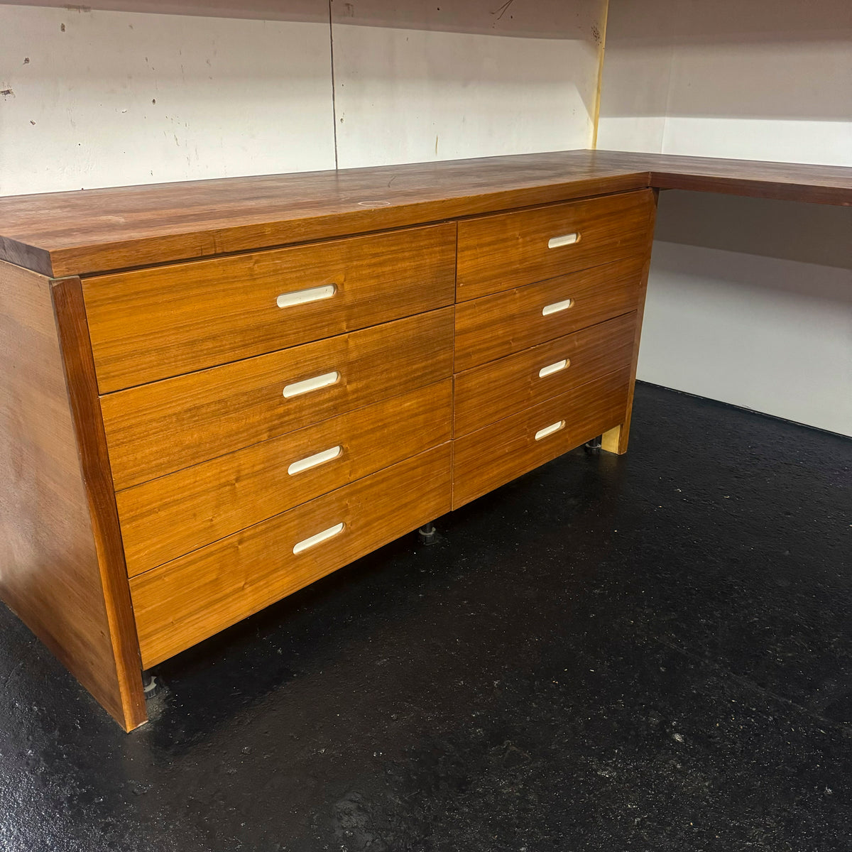 Reclaimed L-Shaped Teak Shelving and Working Desk Unit With Drawers | The Architectural Forum