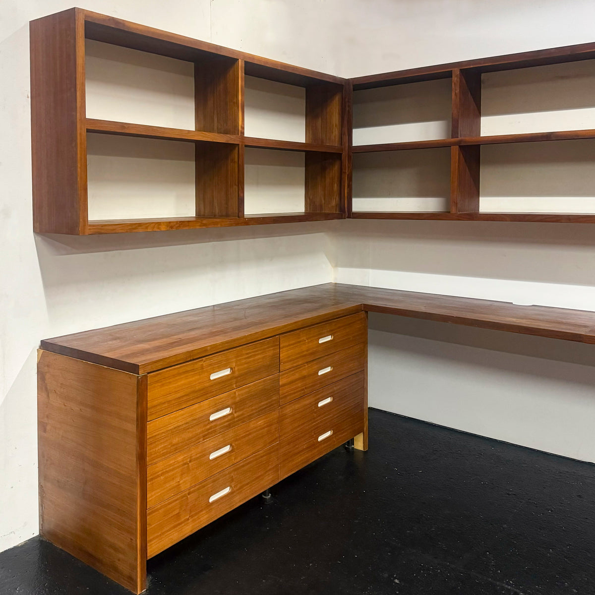 Reclaimed L-Shaped Teak Shelving and Working Desk Unit With Drawers | The Architectural Forum