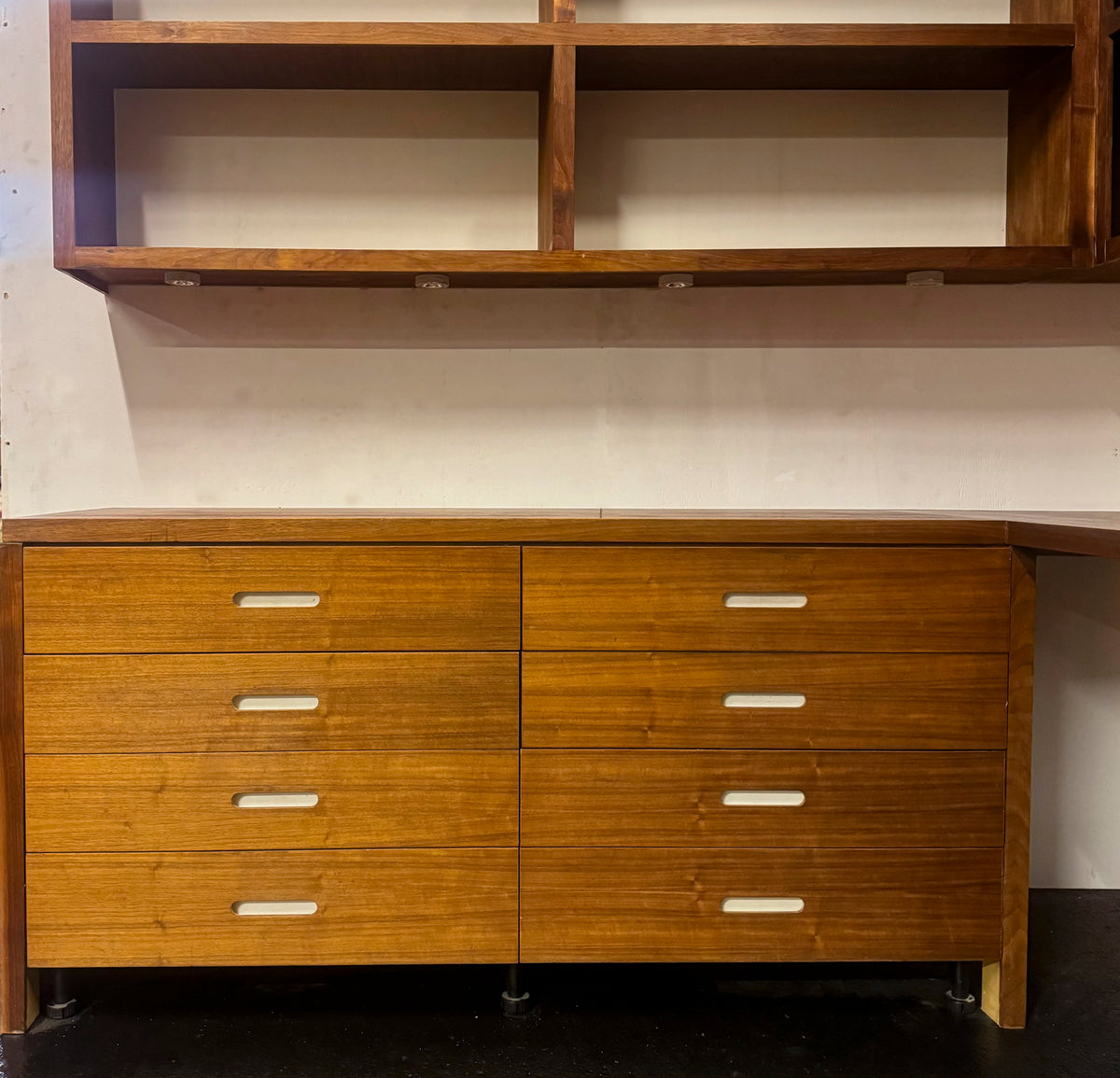 Reclaimed L-Shaped Teak Shelving and Working Desk Unit With Drawers | The Architectural Forum