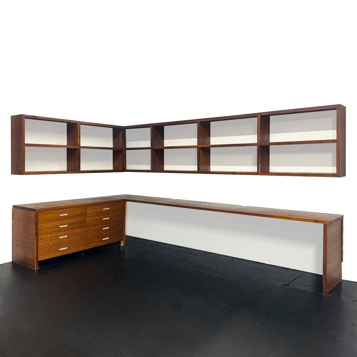 Reclaimed L-Shaped Teak Shelving and Working Desk Unit With Drawers | The Architectural Forum