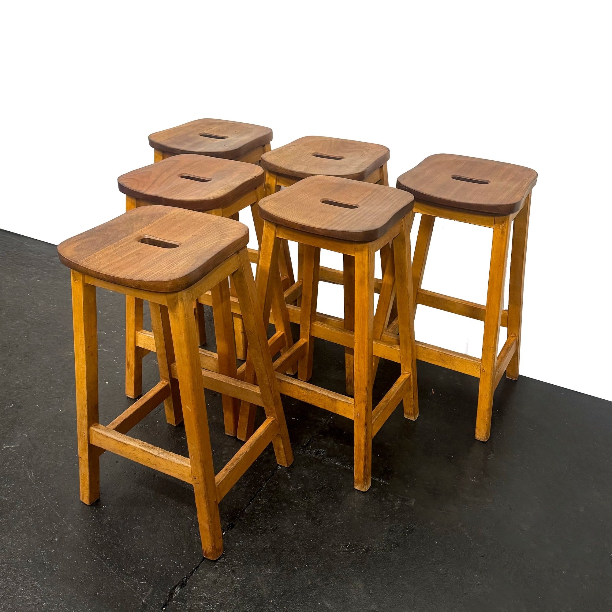 Reclaimed Teak and Beech Wood Lab Stools | 39 Available | The Architectural Forum