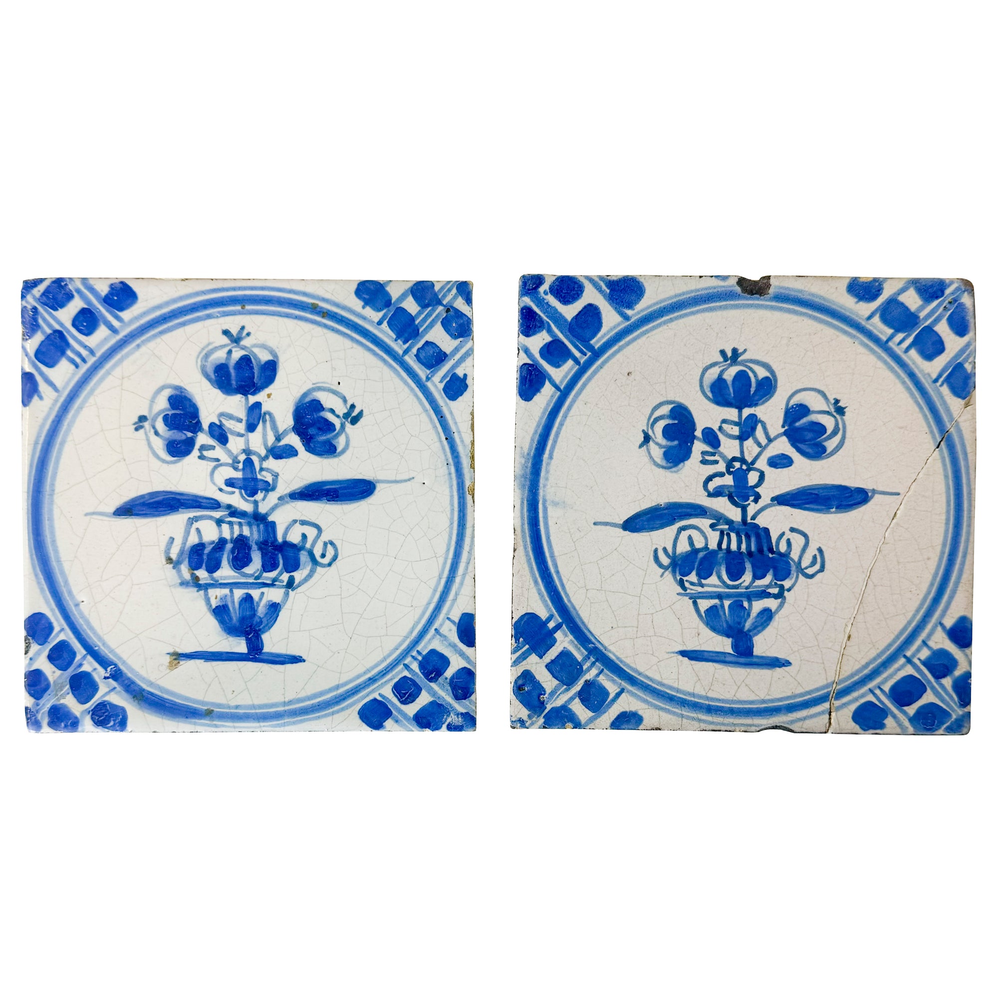 Set of 2 Antique 18th Century Dutch Delft Floral Tiles | The Architectural Forum